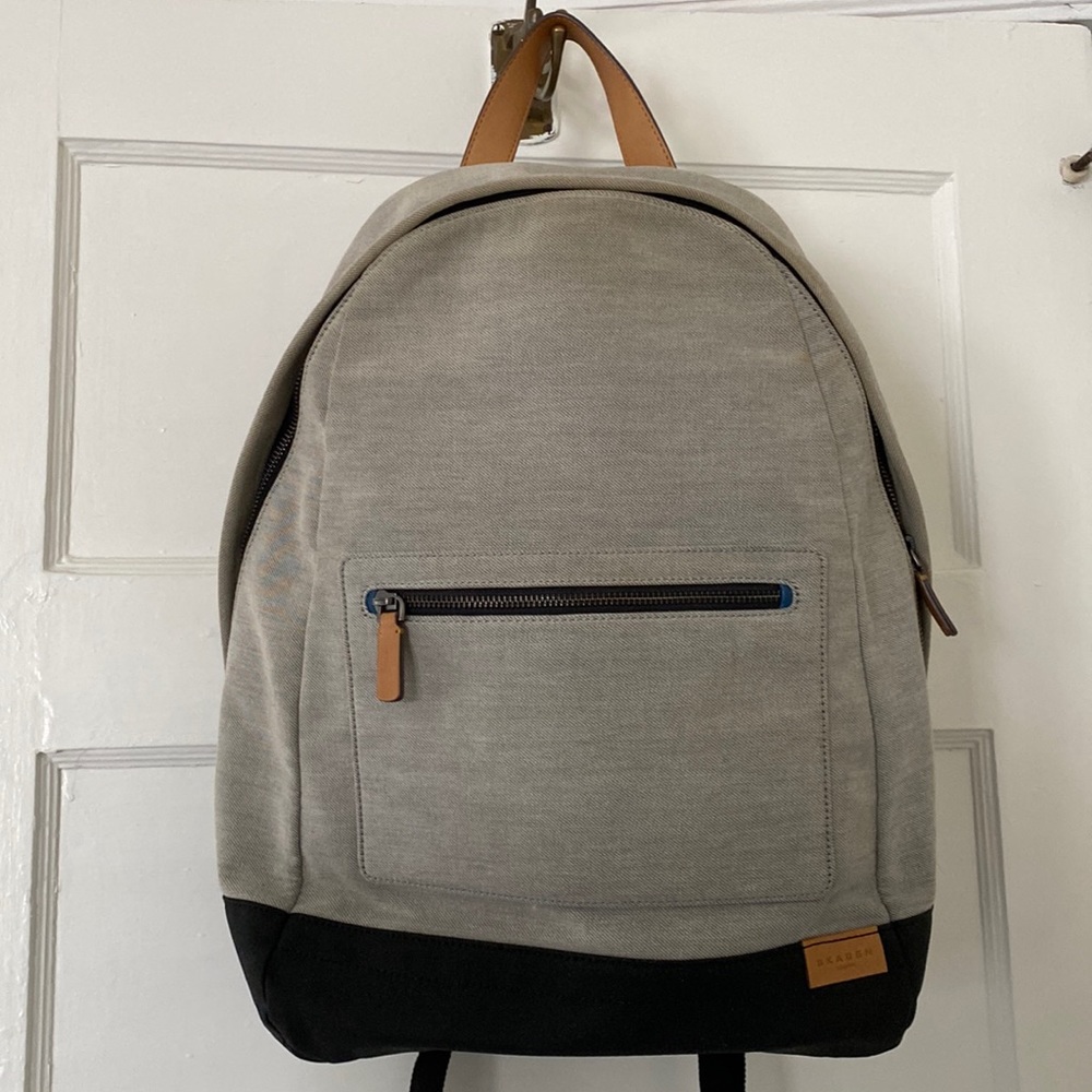 Skagen Denmark Backpack, gray, black, light brown leather details
